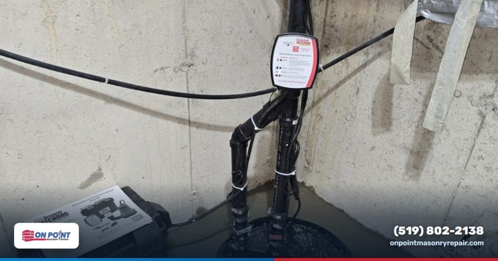 Battery backup sump pump system installed beside a sealed sump pit, with the backup battery box and controller mounted on the basement wall