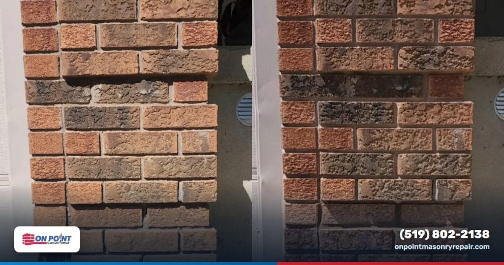Side by side comparison of a damaged brick corner with missing and crumbling units, and the same corner after rebuilding with colour matched mortar