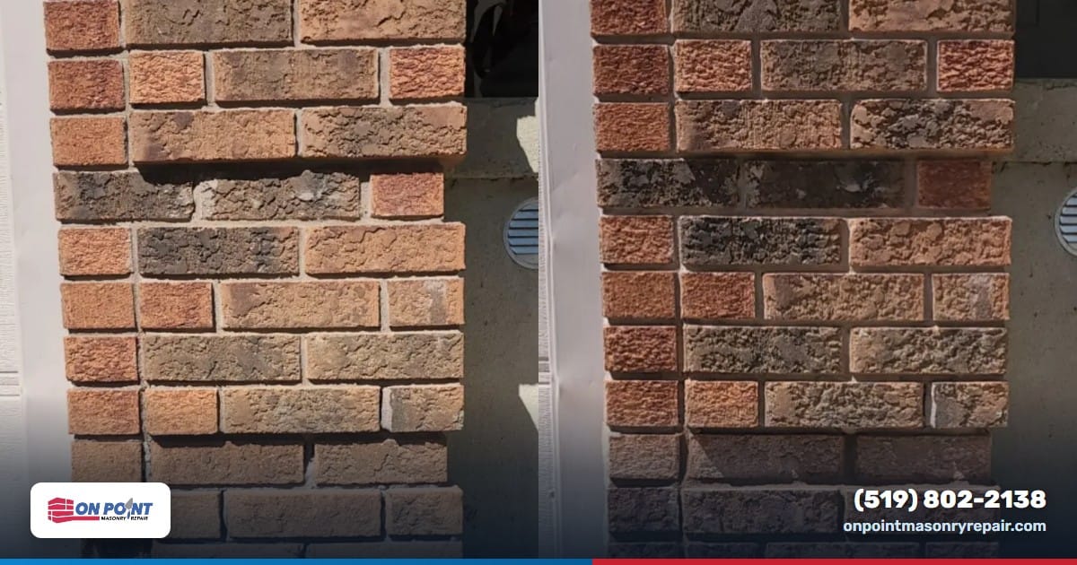 Side by side comparison of a damaged brick corner with missing mortar and the finished repair
