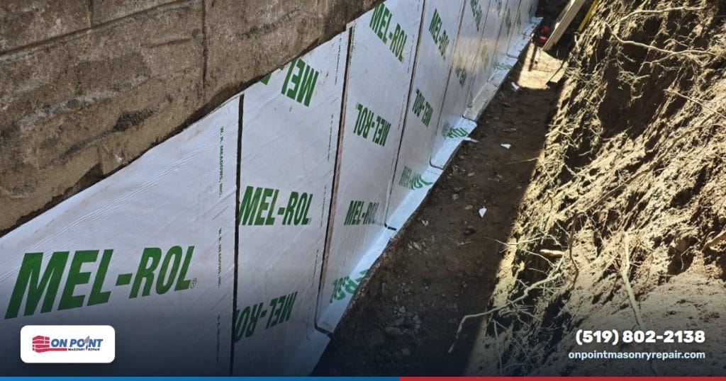 Excavated foundation wall with a white waterproofing membrane applied from footing to grade, and new drainage pipe at the base of the trench