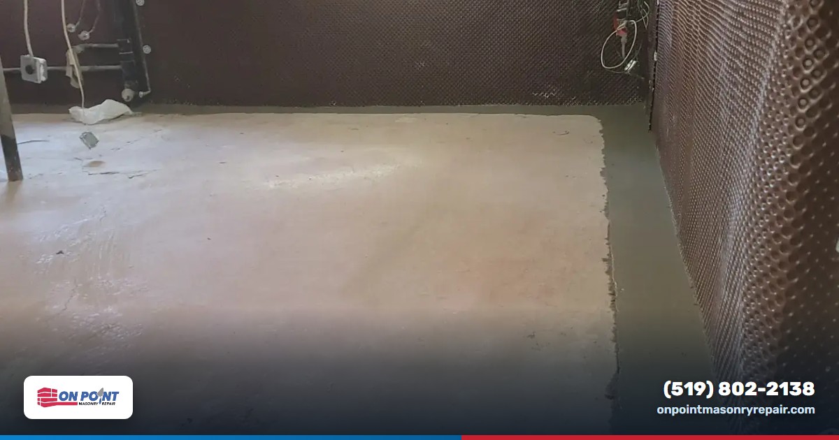 Finished interior basement waterproofing with dimple membrane along the foundation wall and fresh concrete over the new drainage line running to the sump
