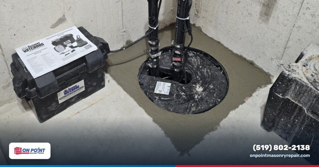 Sump pit with a sealed lid, primary sump pump discharge piping and check valves, finished into the basement floor