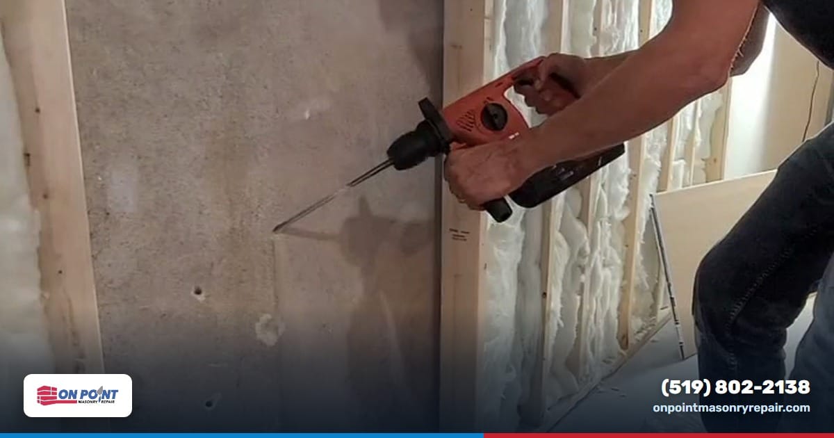 Contractor drilling a line of injection ports along a crack in a poured concrete basement foundation wall, ready for polyurethane crack injection